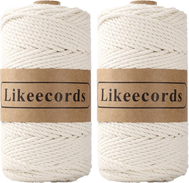 Likeecords 2 Rolls of Cotton Macrame Cord 3mm x 100m, 3 Strand Twisted, Macrame Rope, Macrame String Cotton Yarn, Macrame Yarn Craft Cord for Knitting Plant Hangers Christmas Décor (Natural White) - Image 1